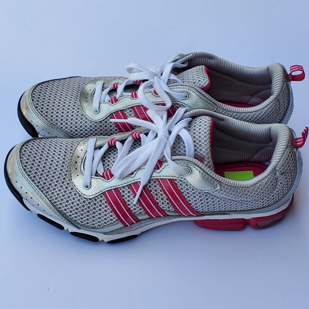 Adidas fit foam sneaker, size 9.5 in women's, silver, hot pink and white.